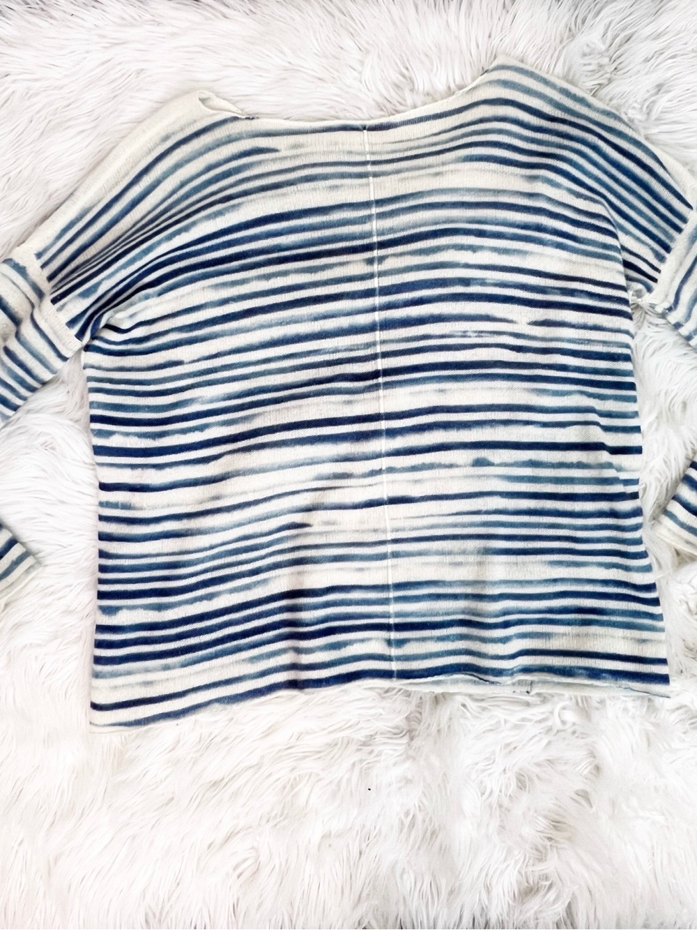 WHITE + WARREN OFF-WHITE BLUE STRIPE CASHMERE PULLOVER SWEATER SZ MEDIUM